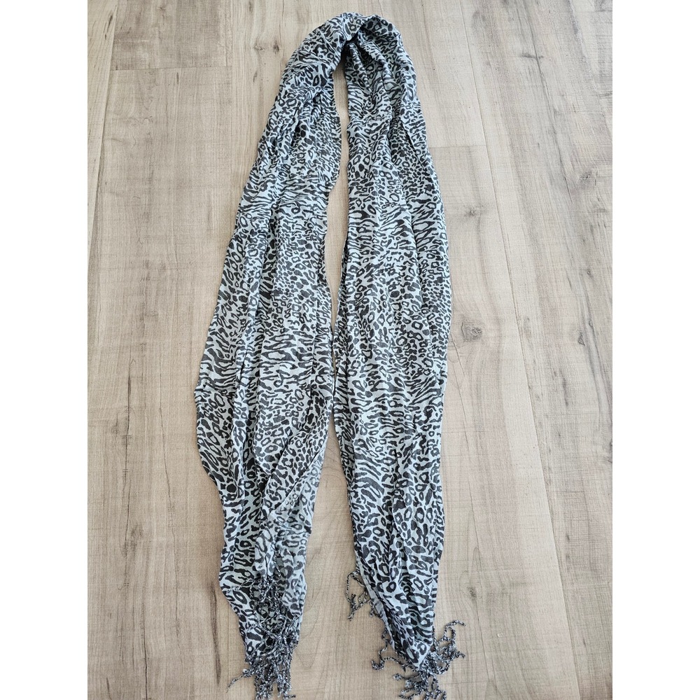 Blue/Grey Leopard Print Rayon Scarf with Fringe Trim Long Rectangular Wrap